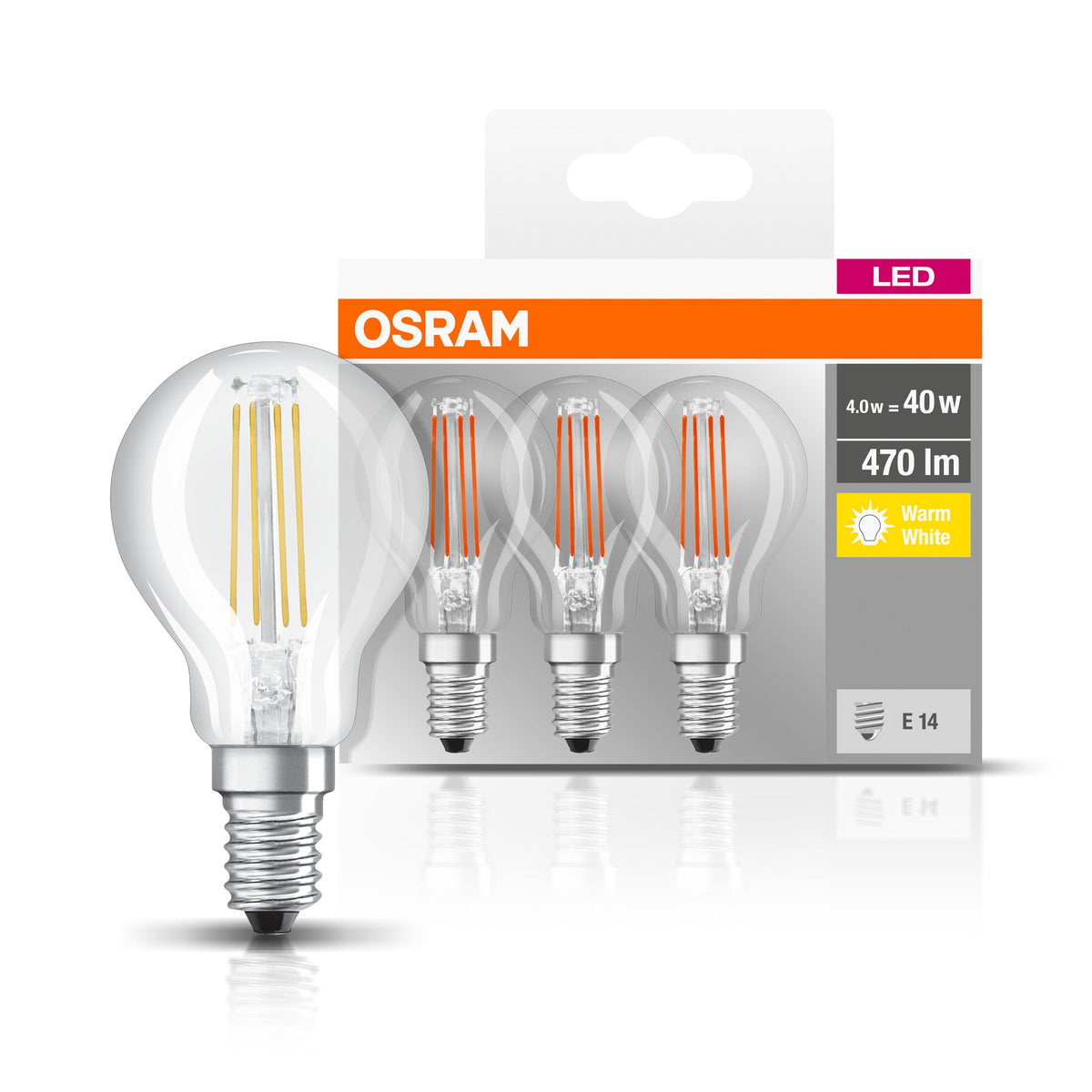 OSRAM Lampadina LED BASE Classic P 40 filamento, luce calda E14 - Conf. da 3