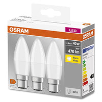 OSRAM LED Lampada LED BASE CLASSIC B Lampada 4.9W 827 Satinata B22d, 470 lm, 2700 K, Bianco caldo, Confezione da 3