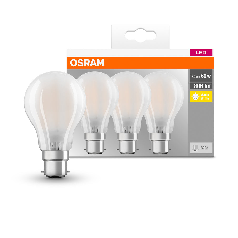 OSRAM LED Lampada LED BASE CLASSIC A Lampada LED 6.5W 827 Satinata B22d, 806 lm, 2700 K, Bianco caldo, Confezione da 3