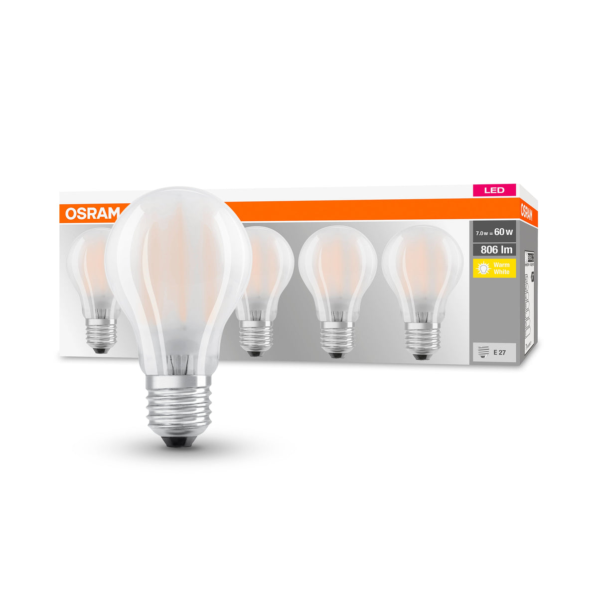 OSRAM Lampadina LED BASE Classic A 60 filamento, luce calda E27 - Conf. da 5