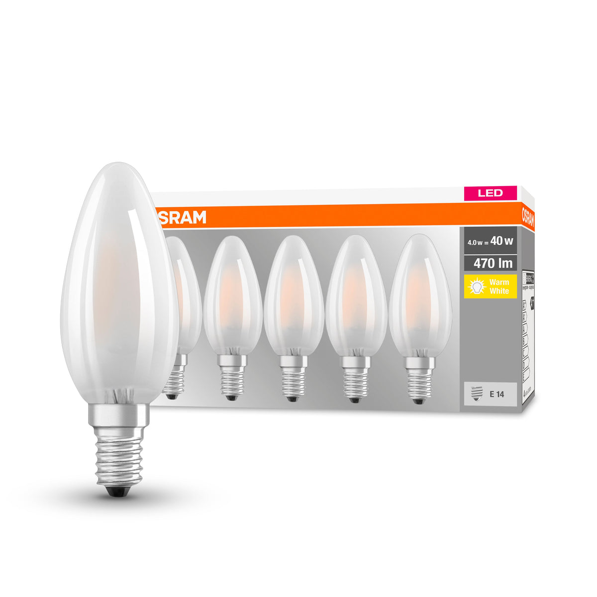 OSRAM Lampadina LED BASE Classic B 40 filamento, luce calda E14 - Conf. da 5