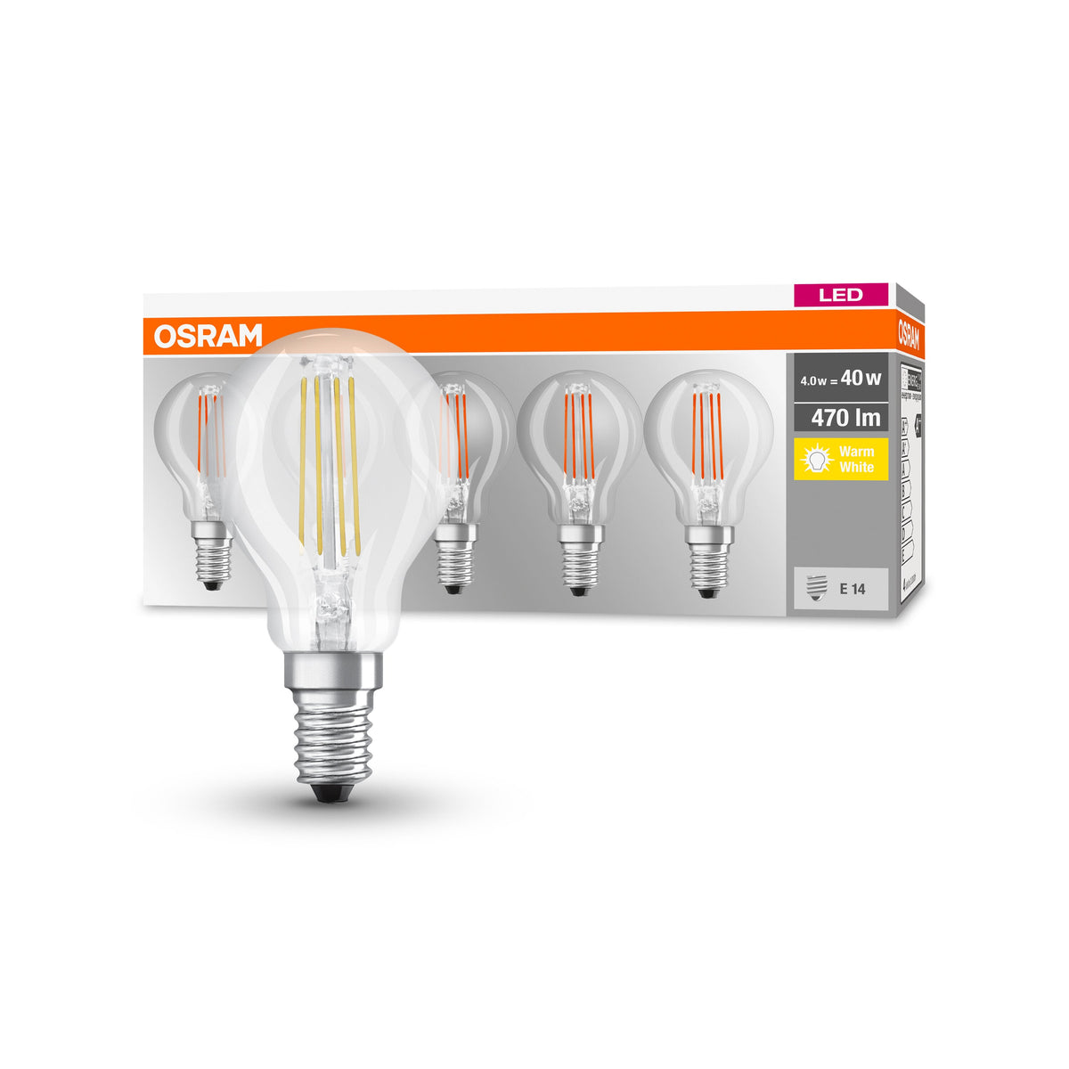 OSRAM Lampadina LED BASE Classic P 40 filamento, luce calda E14 - Conf. da 5