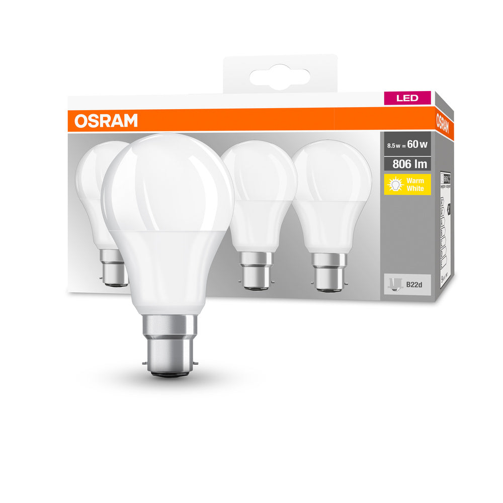 OSRAM LED Lampada LED BASE CLASSIC A Lampada LED 8W 827 Satinata B22d, 806 lm, 2700 K, Bianco caldo, Confezione da 4