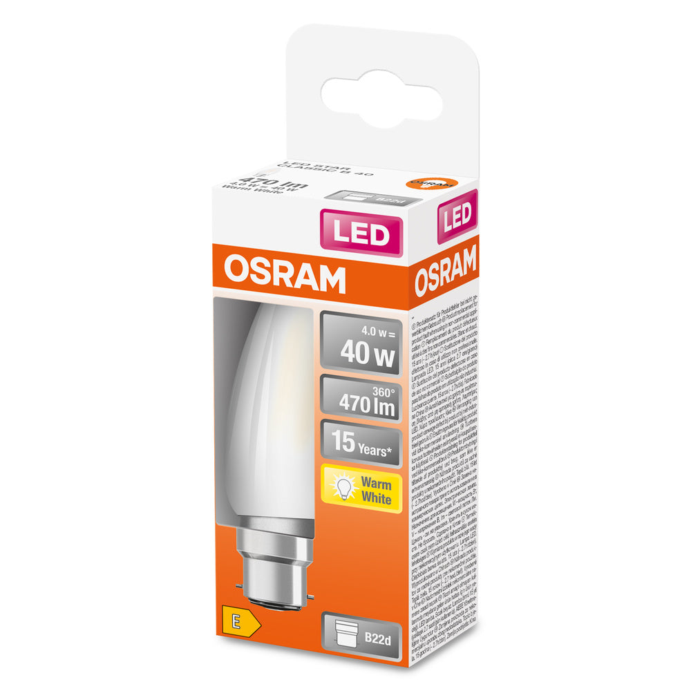 OSRAM LED Lampada LED Retrofit CLASSIC B 4W 827 Satinata B22d, 470 lm, 2700 K, Bianco caldo