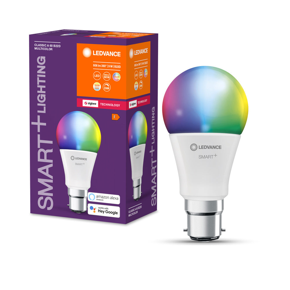 Lampada LEDVANCE Smart+ con tecnologia ZigBee, 9W, A60, opaca, attacco B22D, colore della luce RGBW regolabile, 806lm, confezione da 1