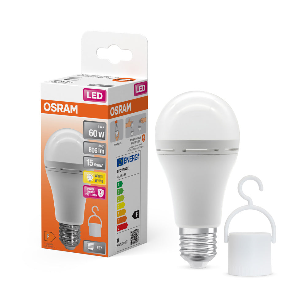 OSRAM LED Classic A 60 Camping Lampe / Notlicht mit integriertem wiederaufladbaren Akku (ex 60W) 8W Kaltweiß E27